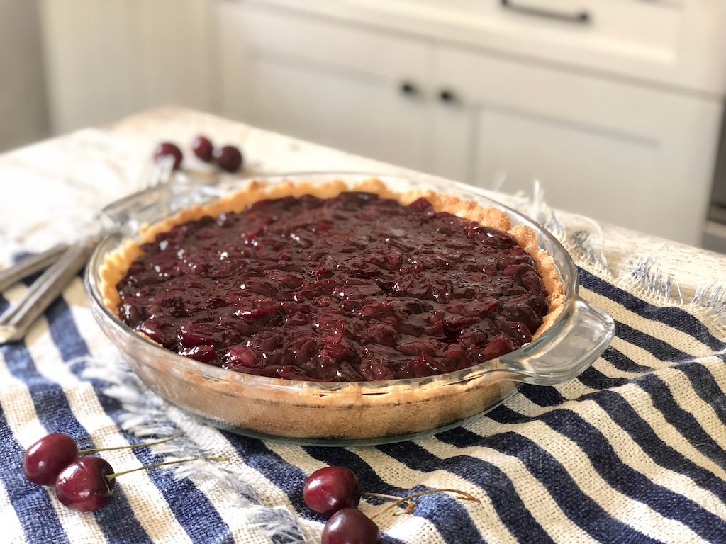 sugar free cherry pie on kitchen counter 