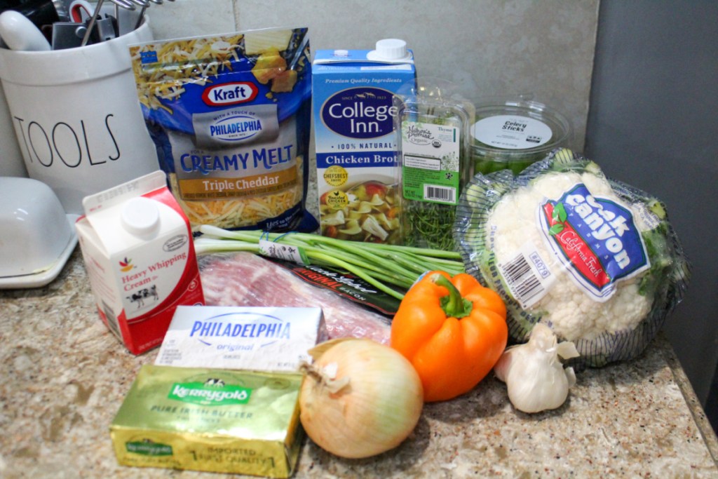 Supplies for a recipe for cauliflower soup