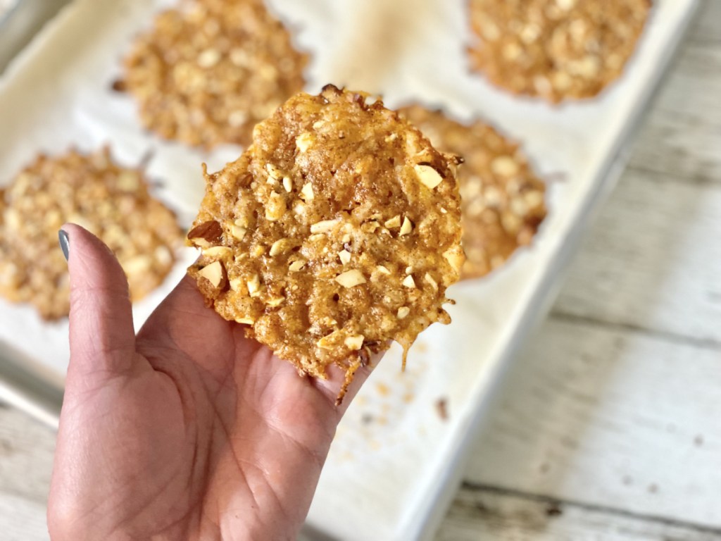 holding baked keto hard taco shells 