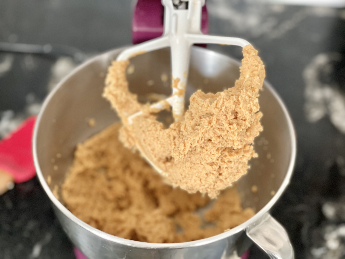 keto peanut butter pie filling on paddle in mixer
