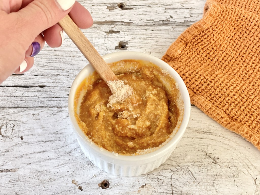 mixing batter for Keto Pumpkin Mug Cake