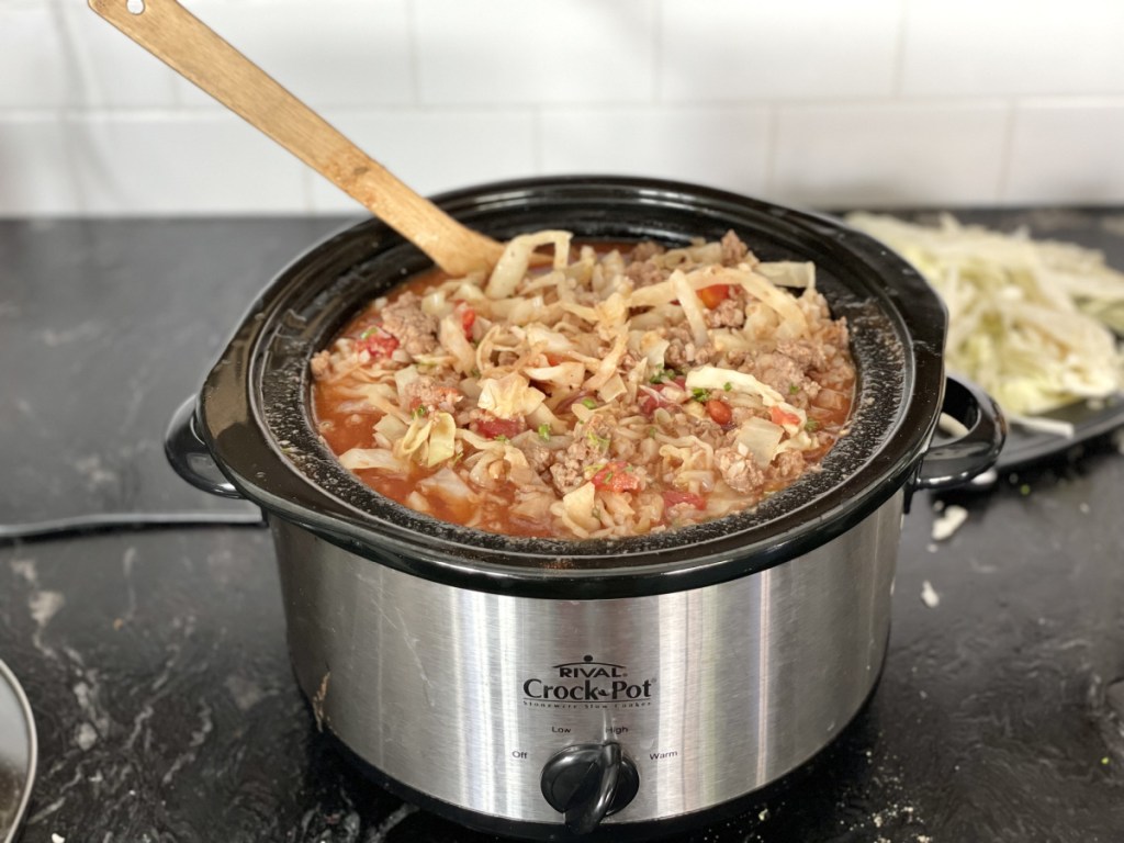 Low Carb Cabbage Roll Soup in slow cooker