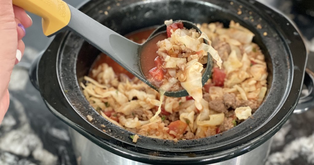 scoop of Low Carb Cabbage Roll Soup