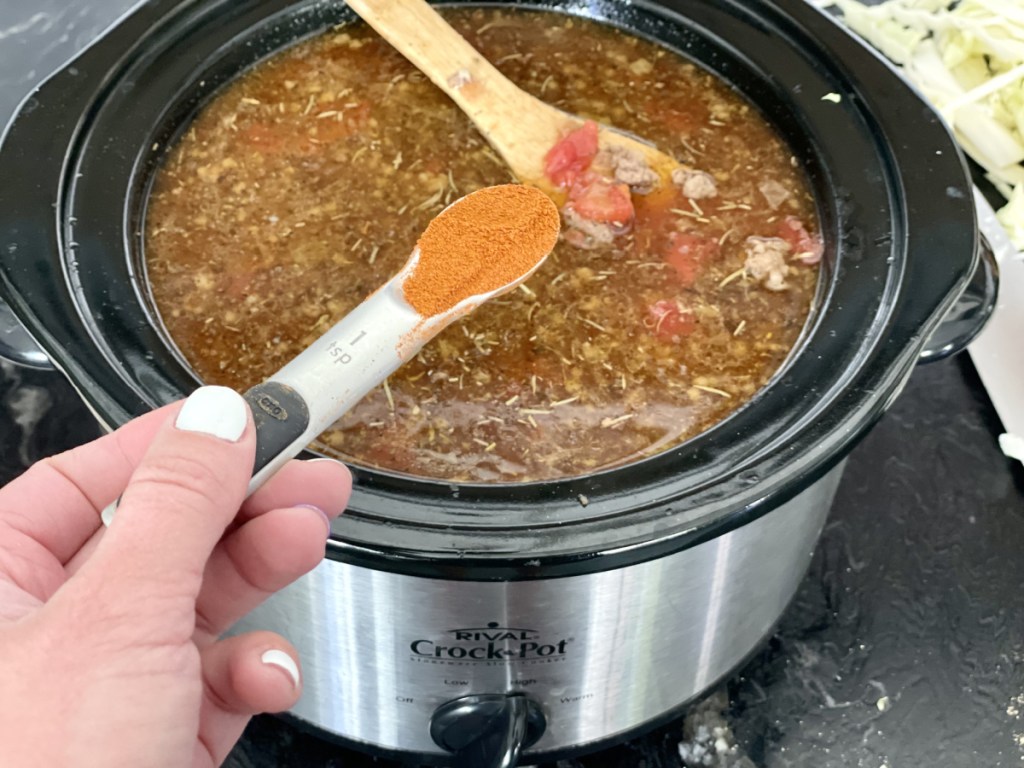 adding paprika to Low Carb Cabbage Roll Soup