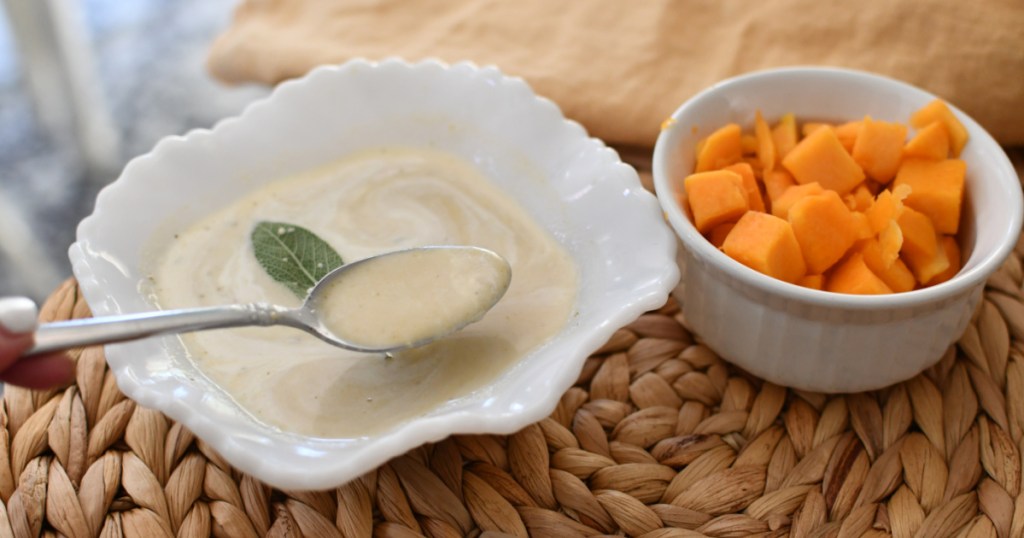 butternut squash soup on a spoon