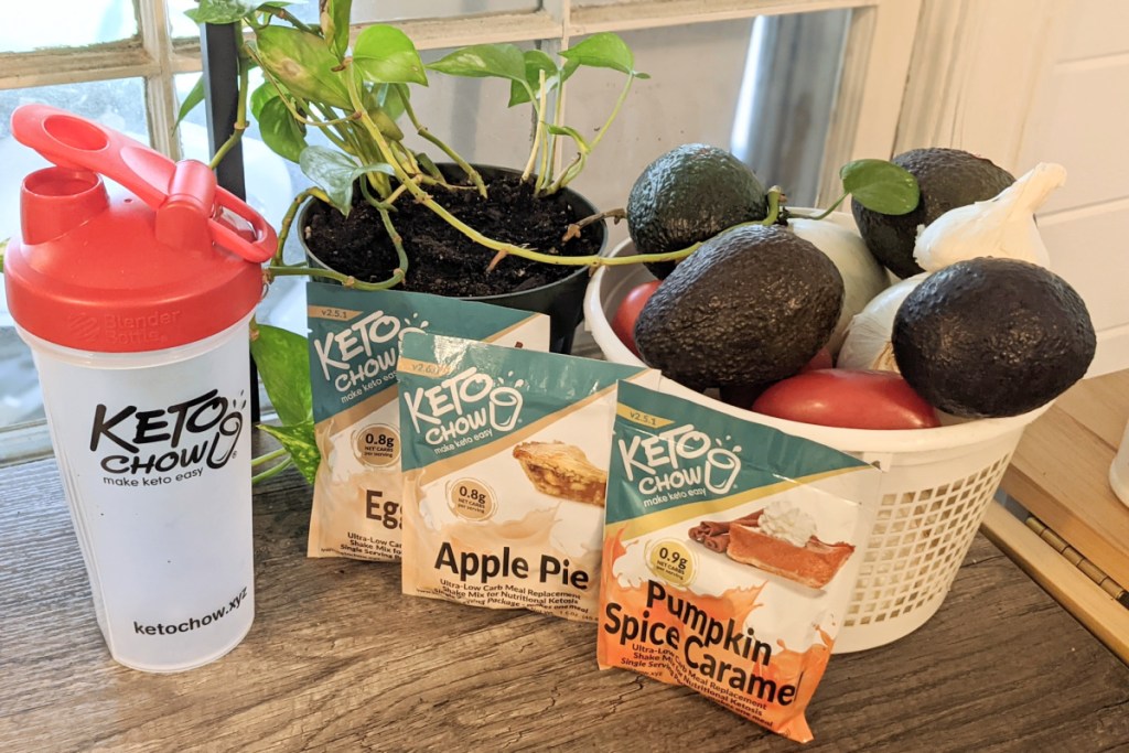 Keto Chow packets and tumbler on counter