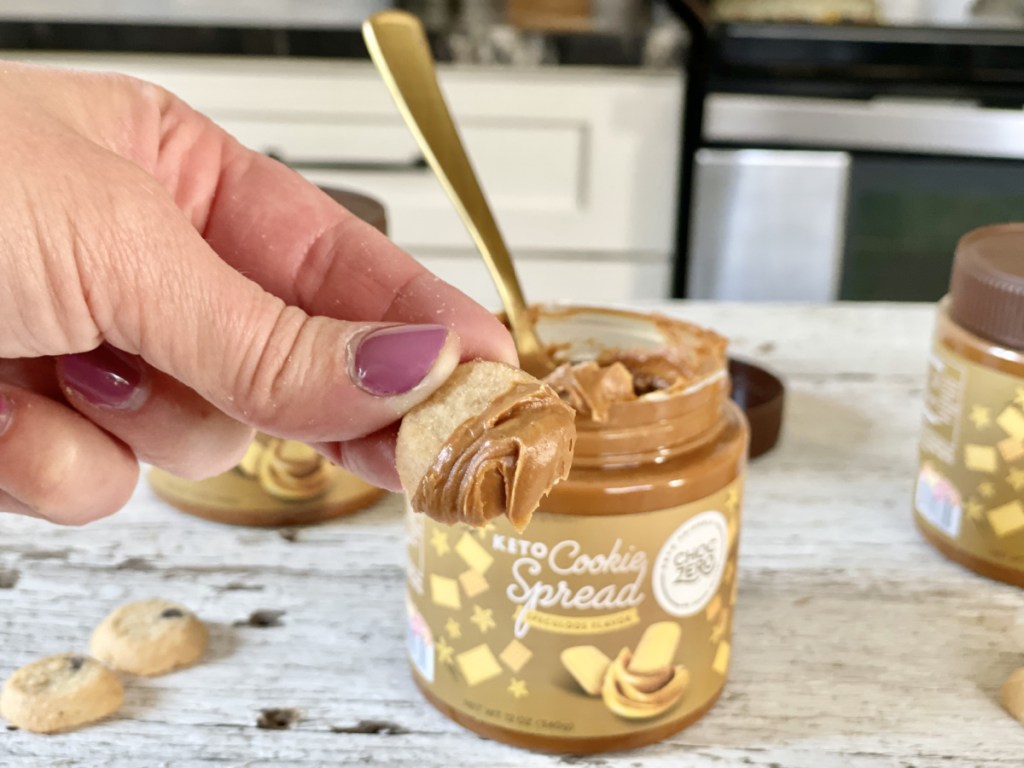 cookie dipped in ChocZero Keto Cookie Spread