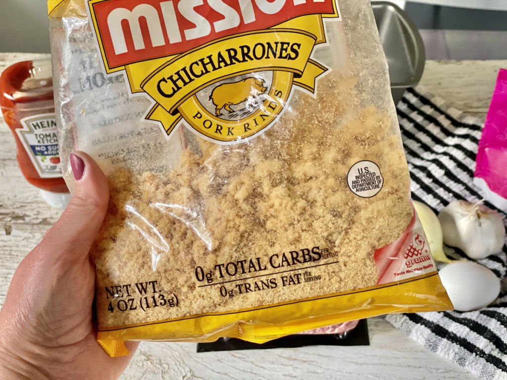 bag of pork rinds for classic keto meatloaf