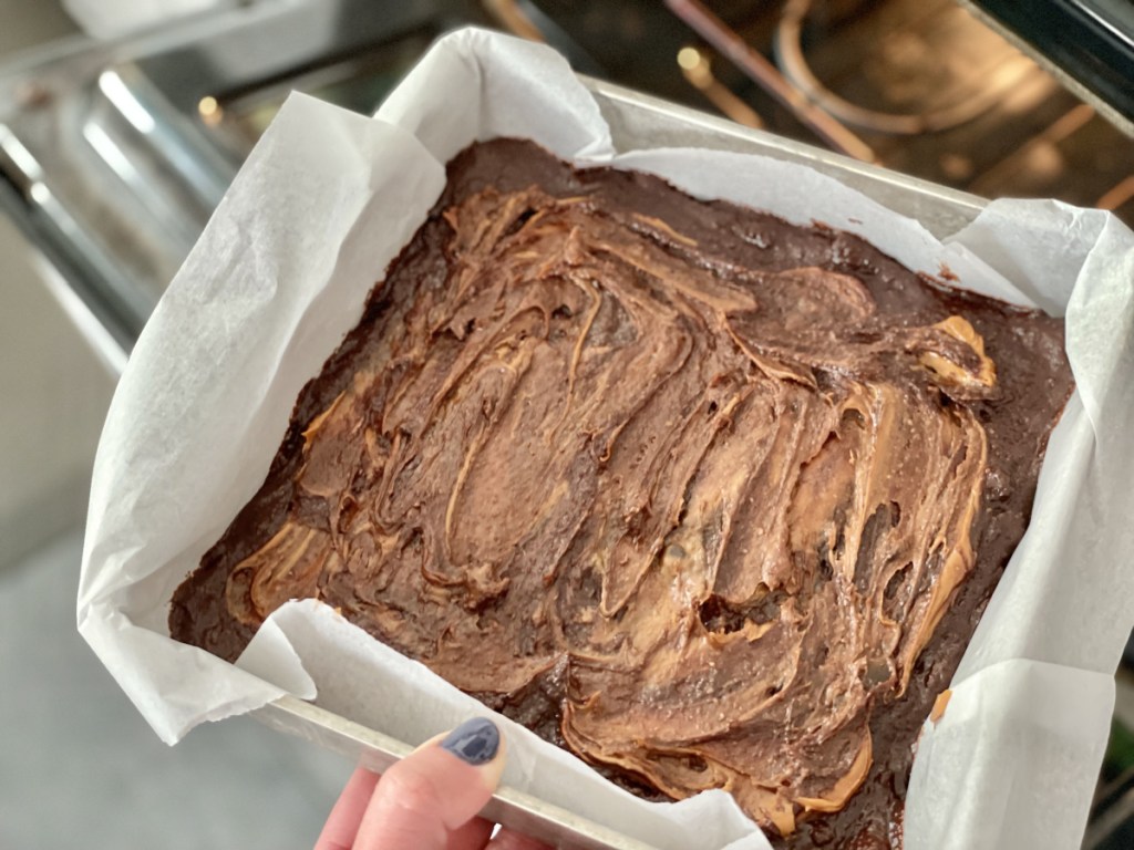 raw batter for Keto Kitchen Sink Brownies in a baking dish