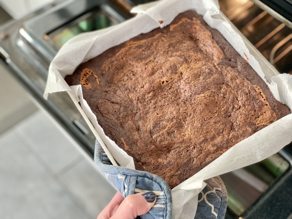 taking Keto Kitchen Sink Brownies out of the oven