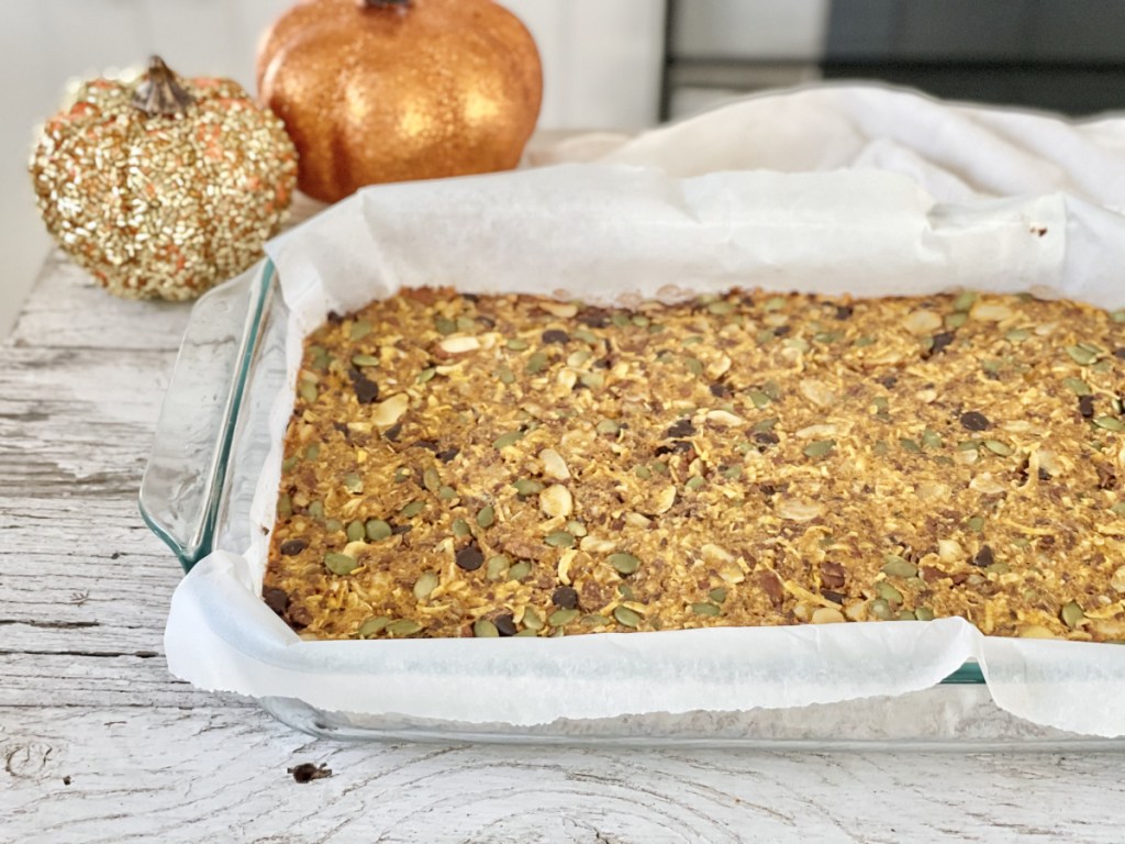 cooked Keto Pumpkin Chocolate Chip Granola Bars in baking dish