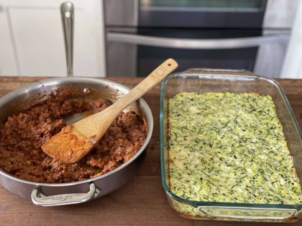 keto zucchini pizza casserole assembling