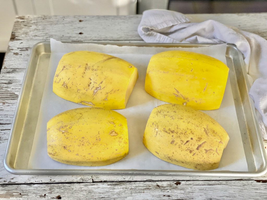 spaghetti squash on baking sheet