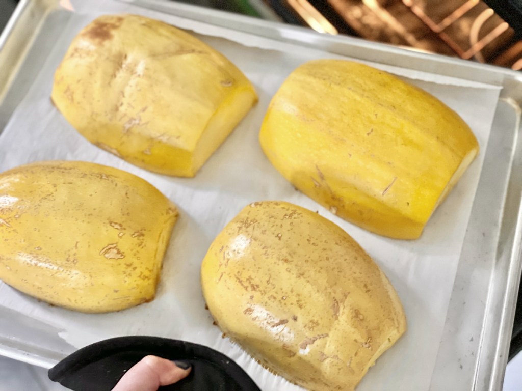 spaghetti squash on baking sheet