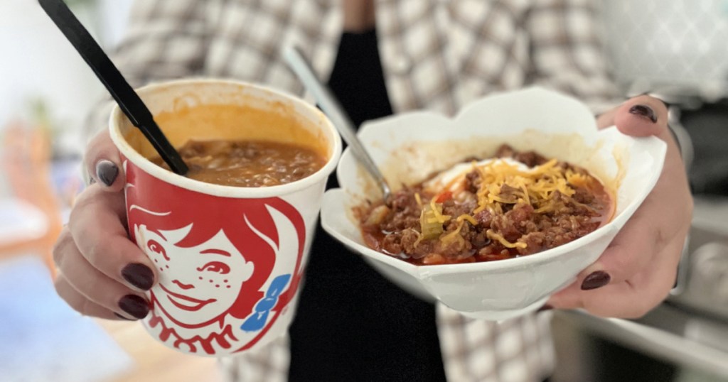 bowl of keto wendy's chili next to chili from Wendy's