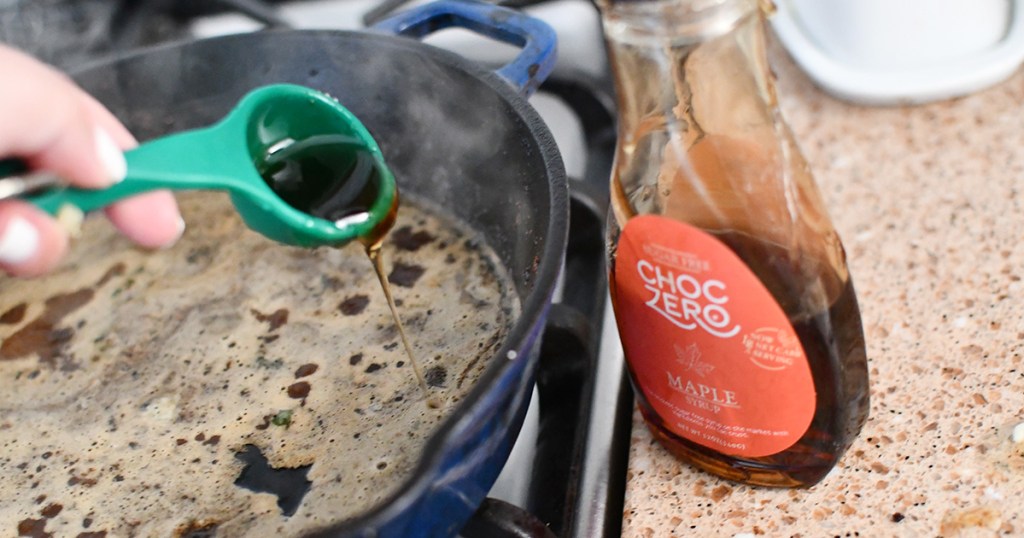 choczero keto sugar free maple syrup in cast iron pan