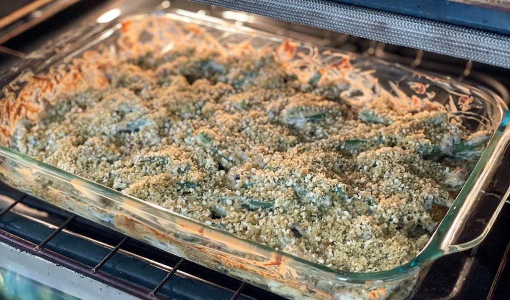keto green bean casserole baking in oven