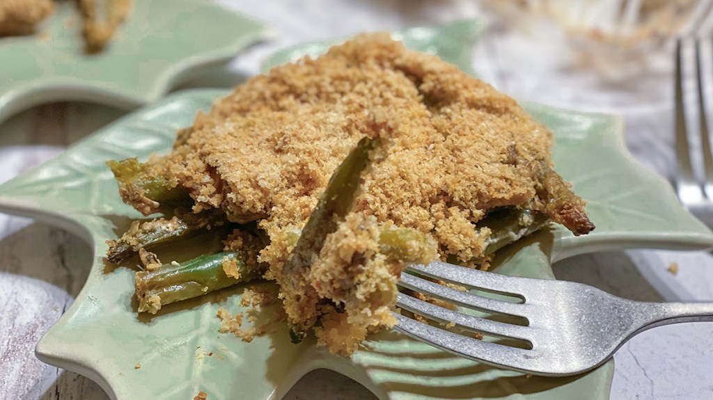 forkful of keto green bean casserole