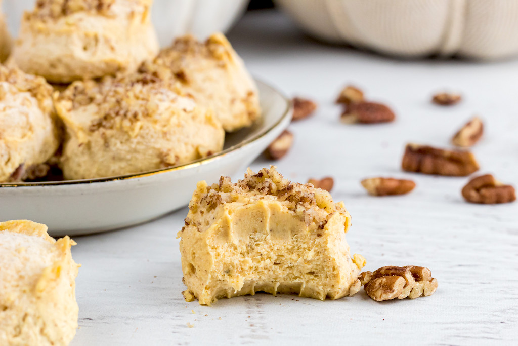 keto pumpkin pie fat bombs with bit taken out of it