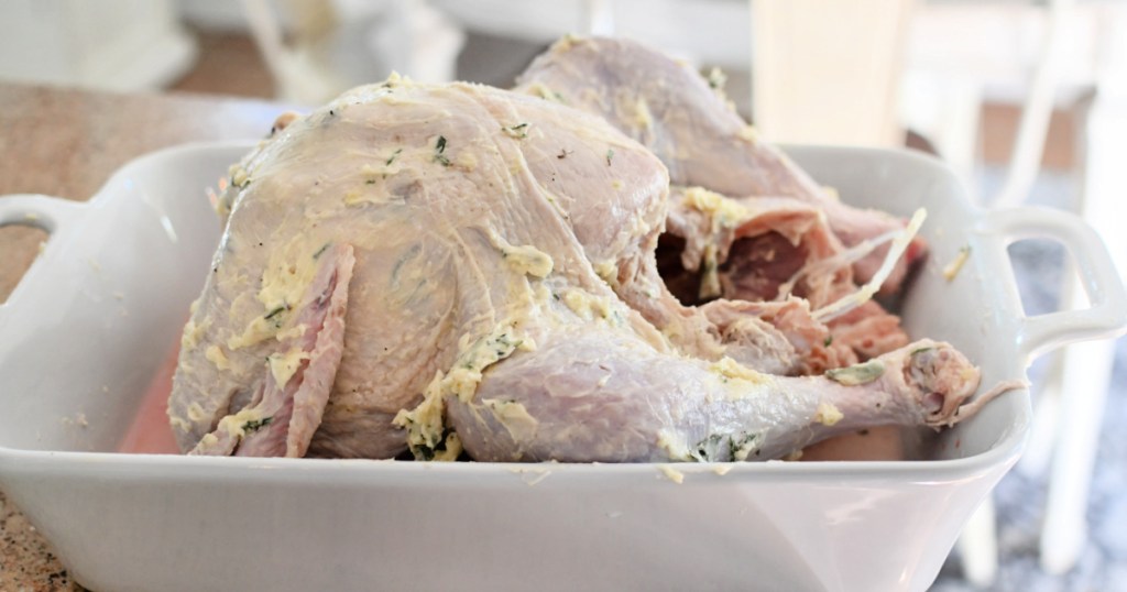 roast turkey with butter ready for oven