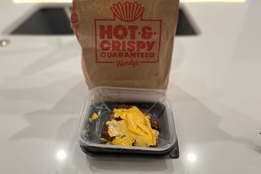 wendy's keto cheeseburger in front of bag