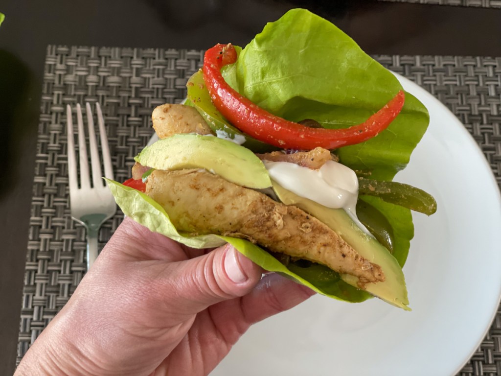 Easy keto skillet chicken fajitas in a lettuce wrap