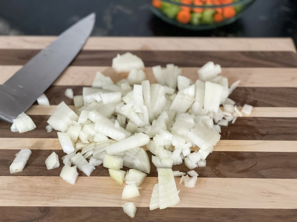 chopped onion for Keto Chicken Noodle Soup