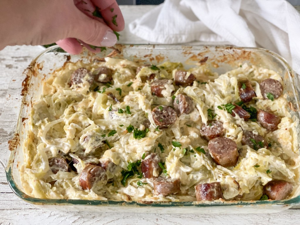 Keto Sausage Cabbage Casserole with "Fettuccini" Alfredo
