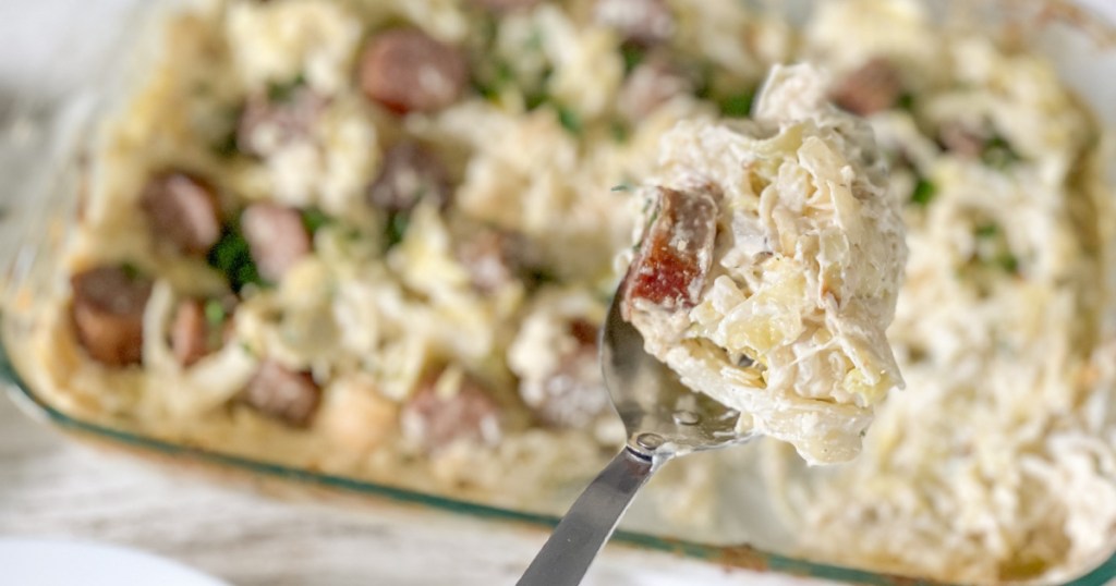 scoop of Keto Sausage Alfredo with Cabbage