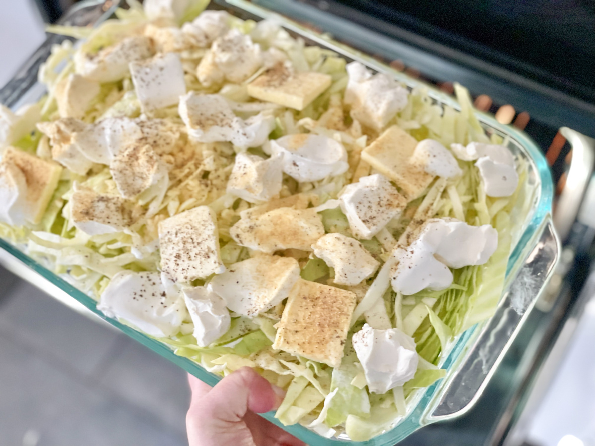 Keto Sausage Cabbage Casserole with "Fettuccini" Alfredo
