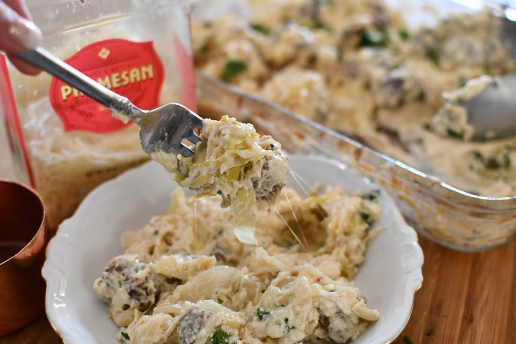 plated keto sausage Alfredo with cabbage 