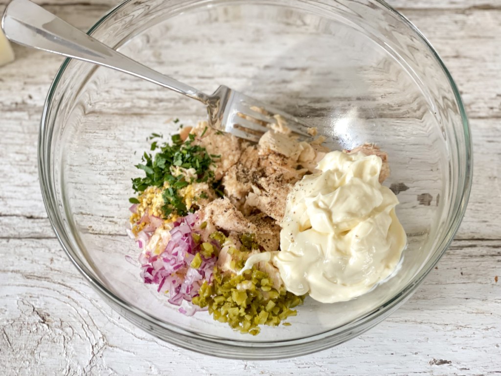 tuna and ingredients in a bowl for Keto Tuna Melt