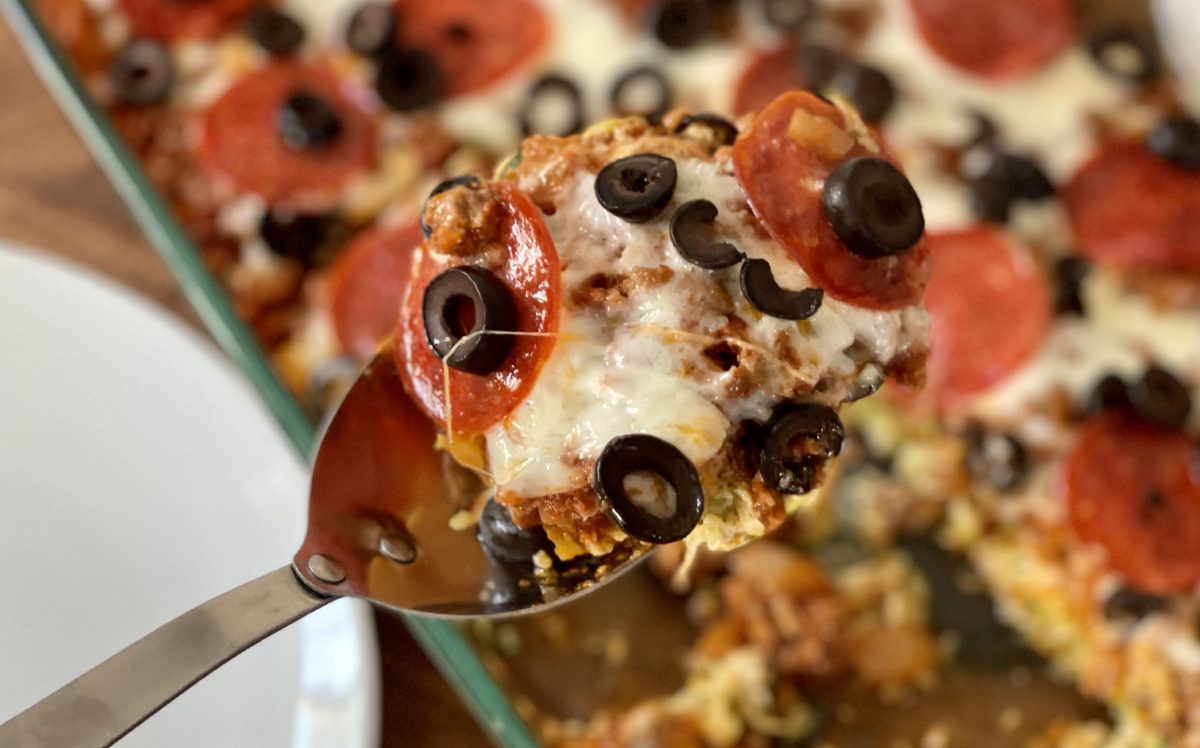 Keto Zucchini Pizza Casserole on a fork