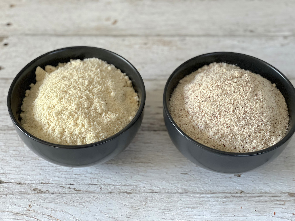 bowls of blanched and unblanched almond flours 