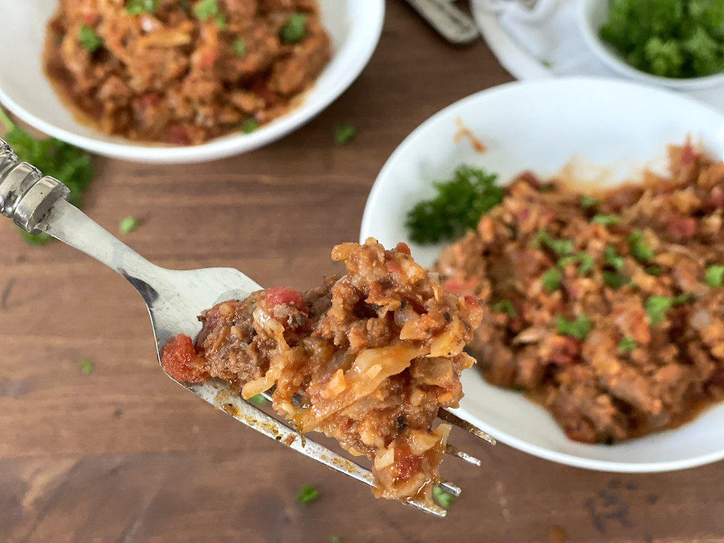 keto cabbage roll casserole on fork