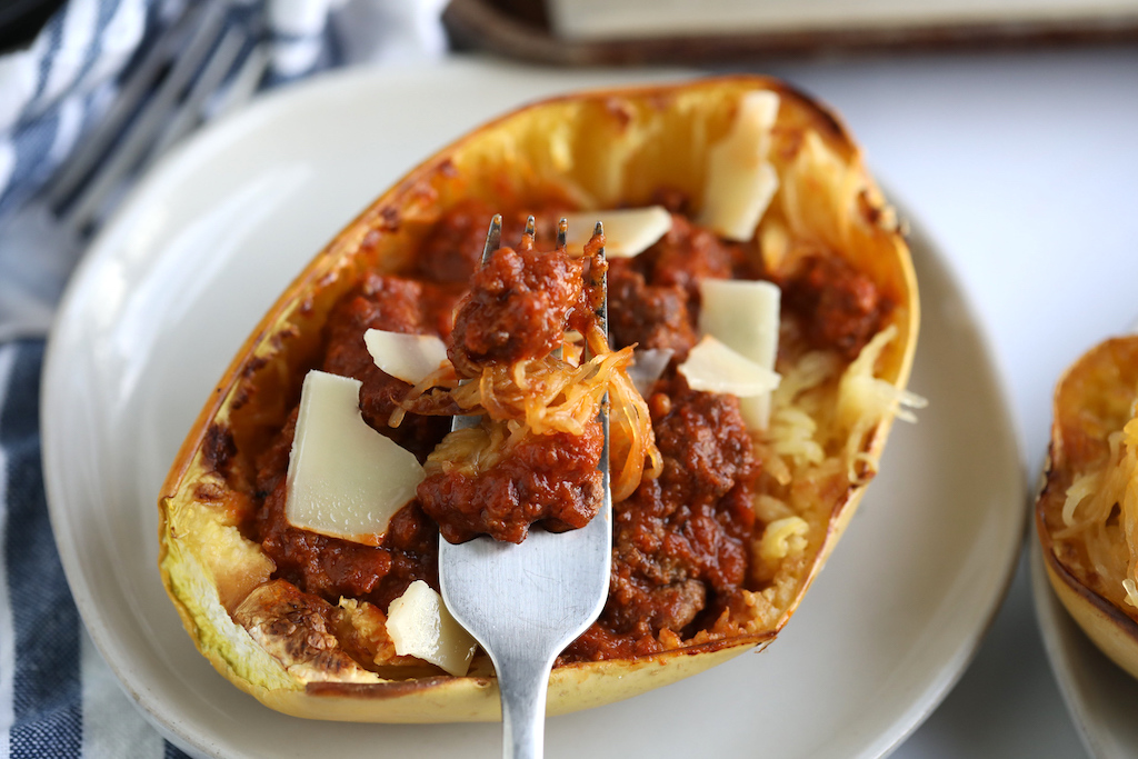 eating beefy marinara spaghetti squash