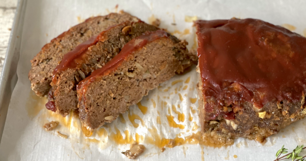 keto meatloaf with low-carb ketchup slathered on top