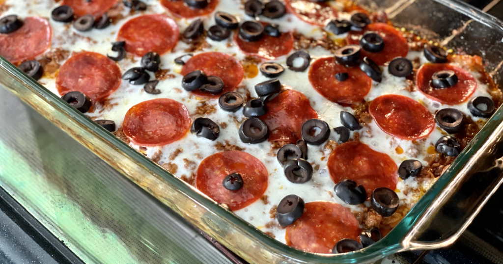 keto pizza casserole with pepperoni and olives 