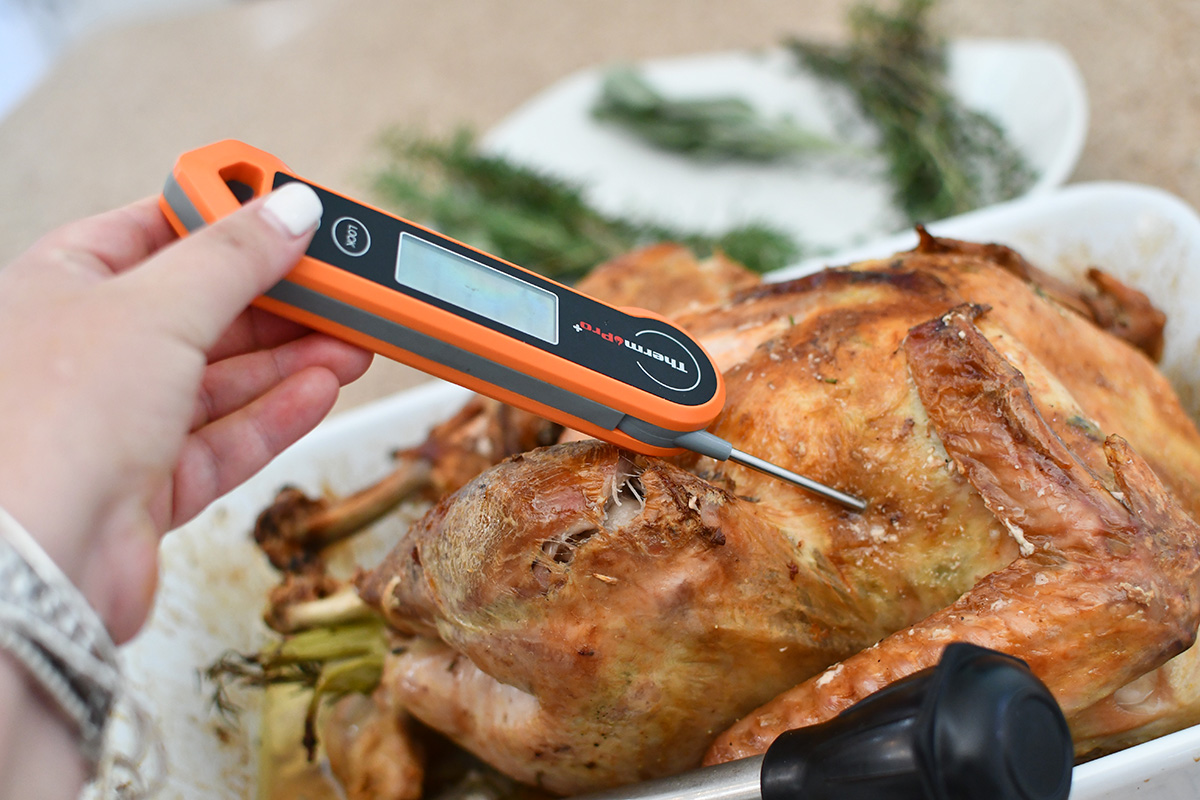 using a meat thermometer to check doneness of roast turkey