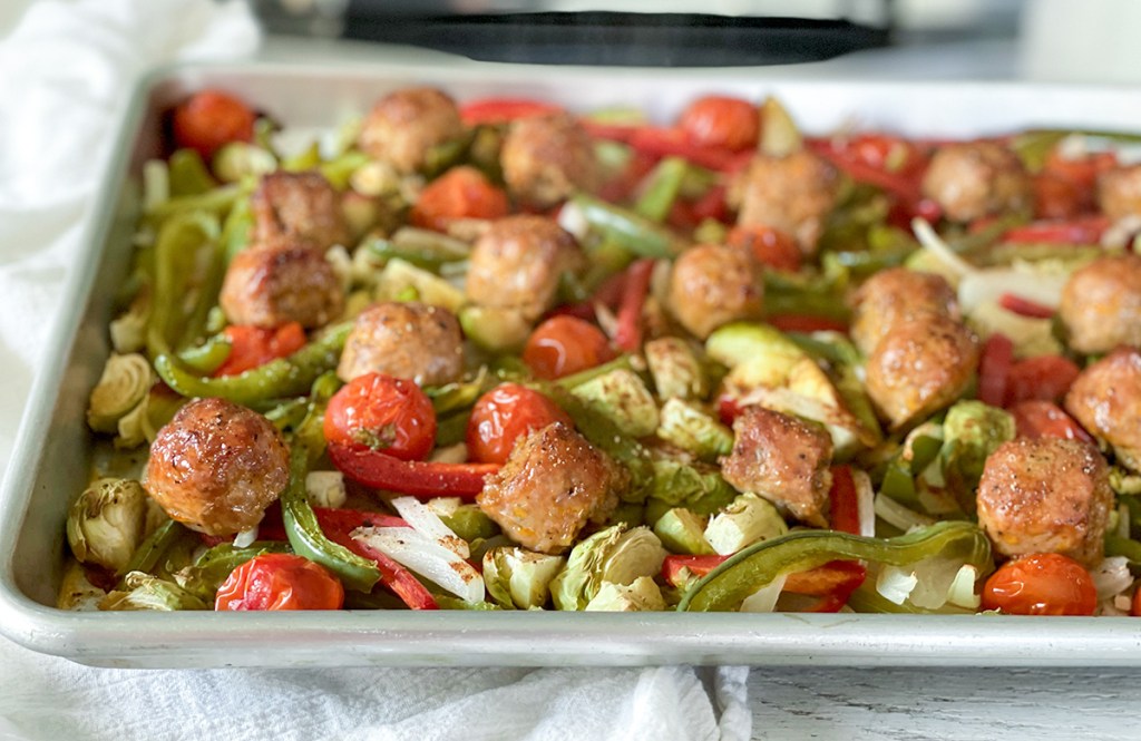 sheet pan of keto italian sausage and veggies