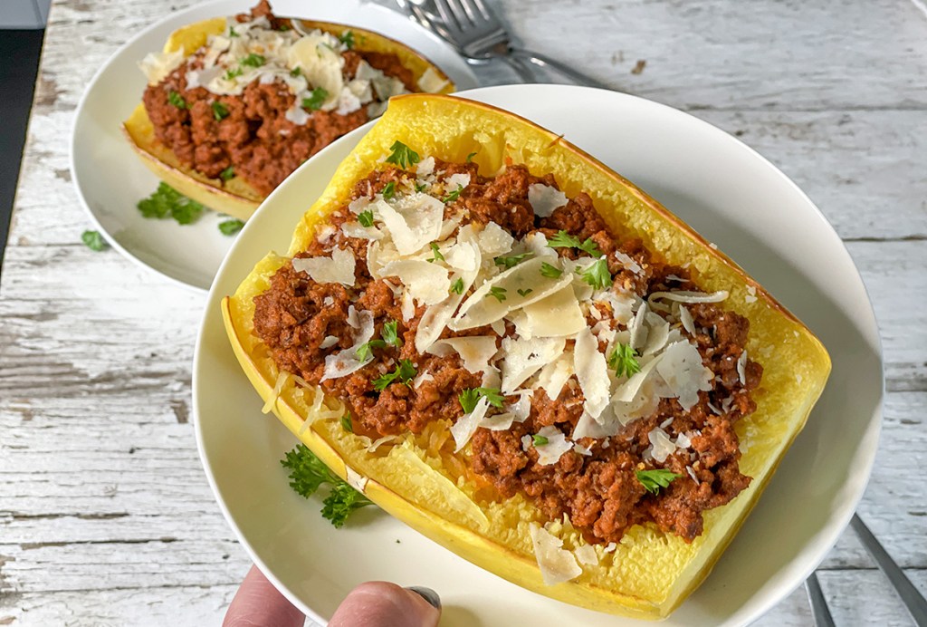 lazy keto meal spaghetti squash with ground beef marinara