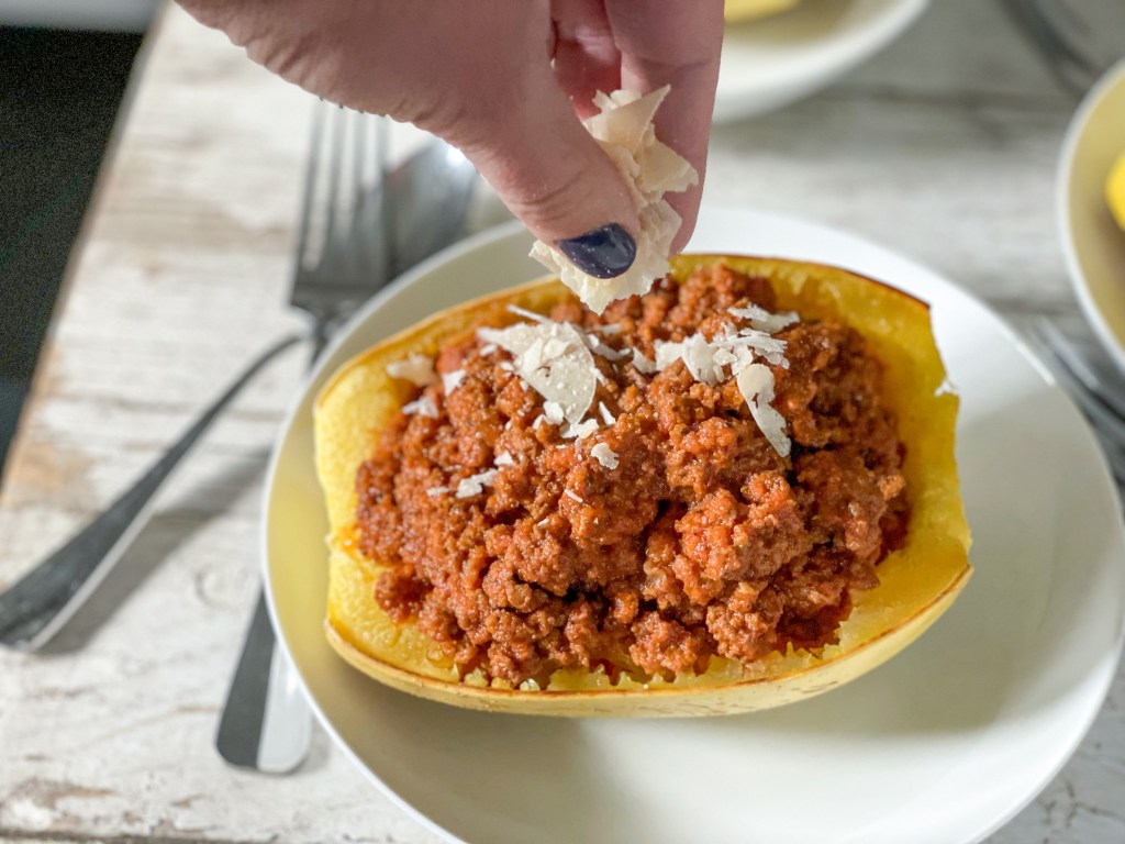 lazy keto meal spaghetti squash with ground beef marinara