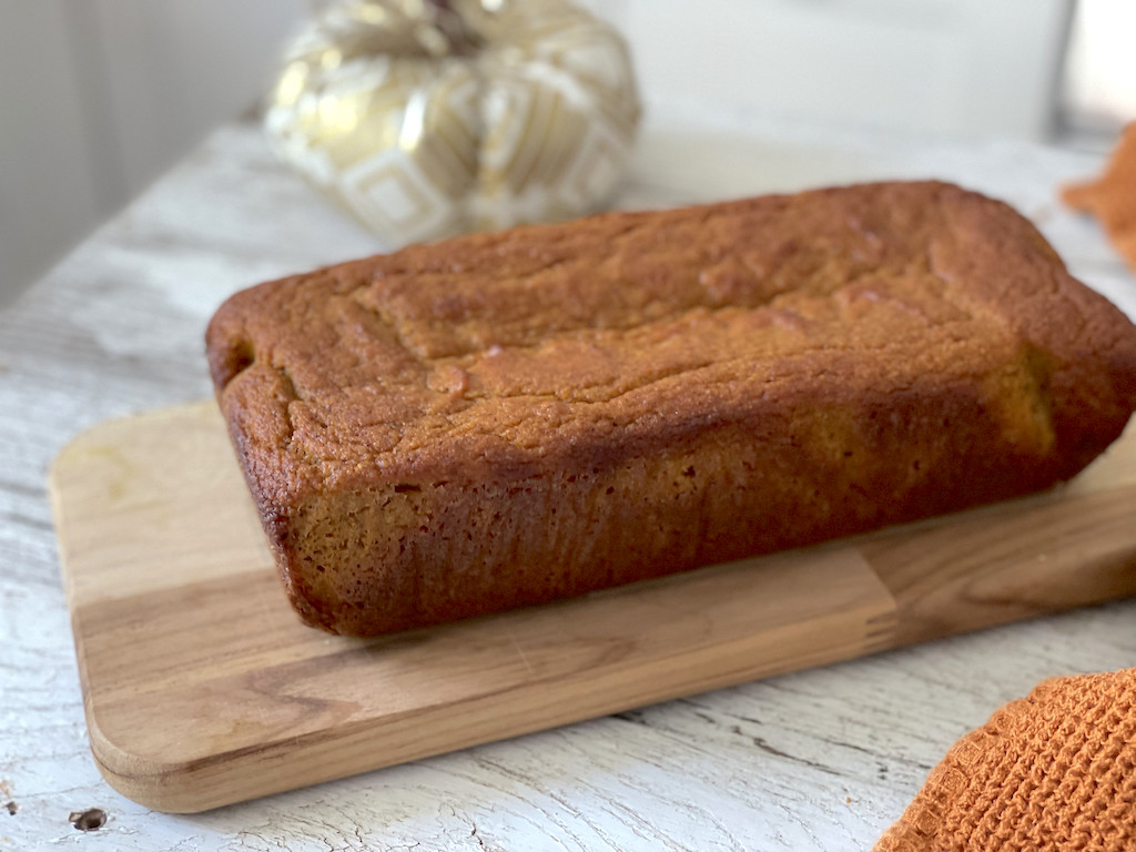 loaf of keto pumpkin bread on counter 