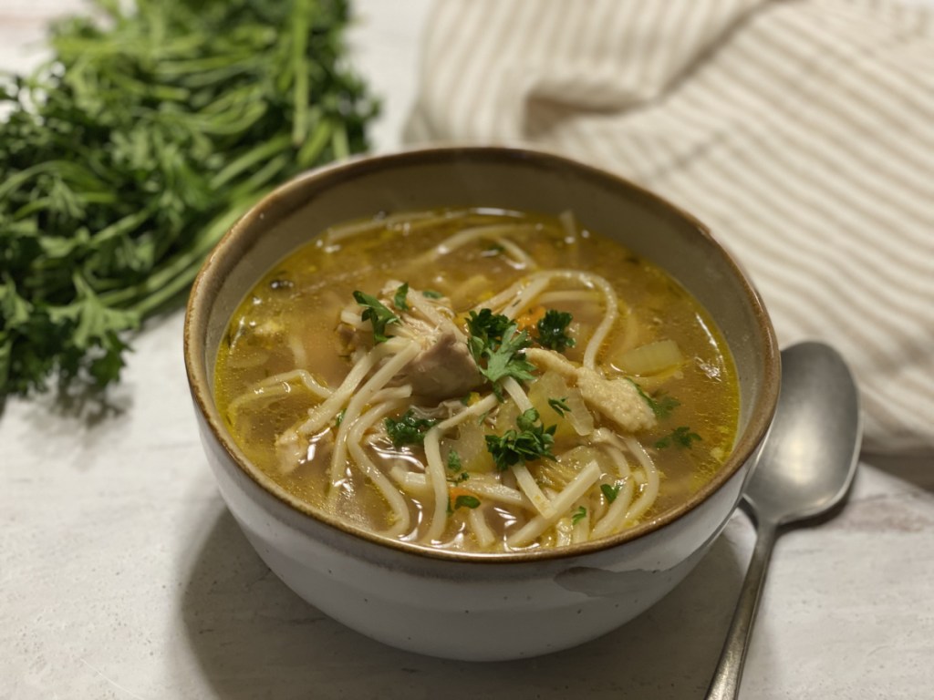 bowl of keto chicken noodle soup