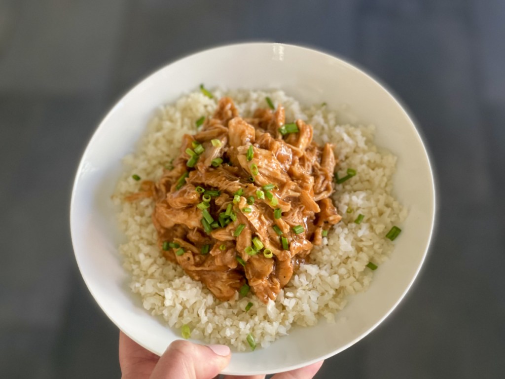 plateful of keto crockpot bourbon chicken