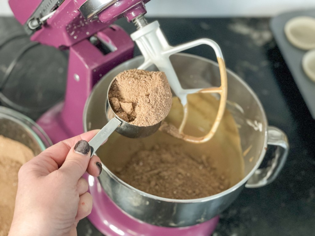 adding dry ingredients to wet for keto mint chocolate cupcakes