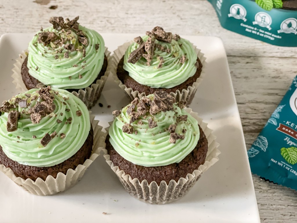keto mint chocolate cupcakes on a plate 