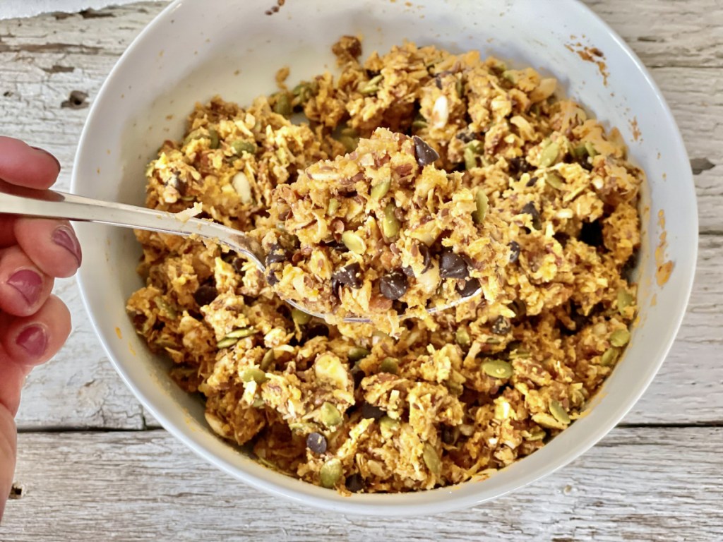 keto pumpkin chocolate chip granola bars mixture in a bowl