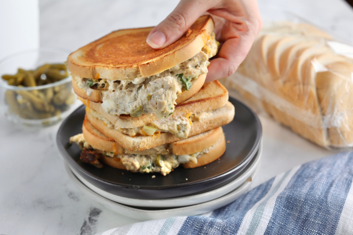 three stacked keto tuna melt sandwiches
