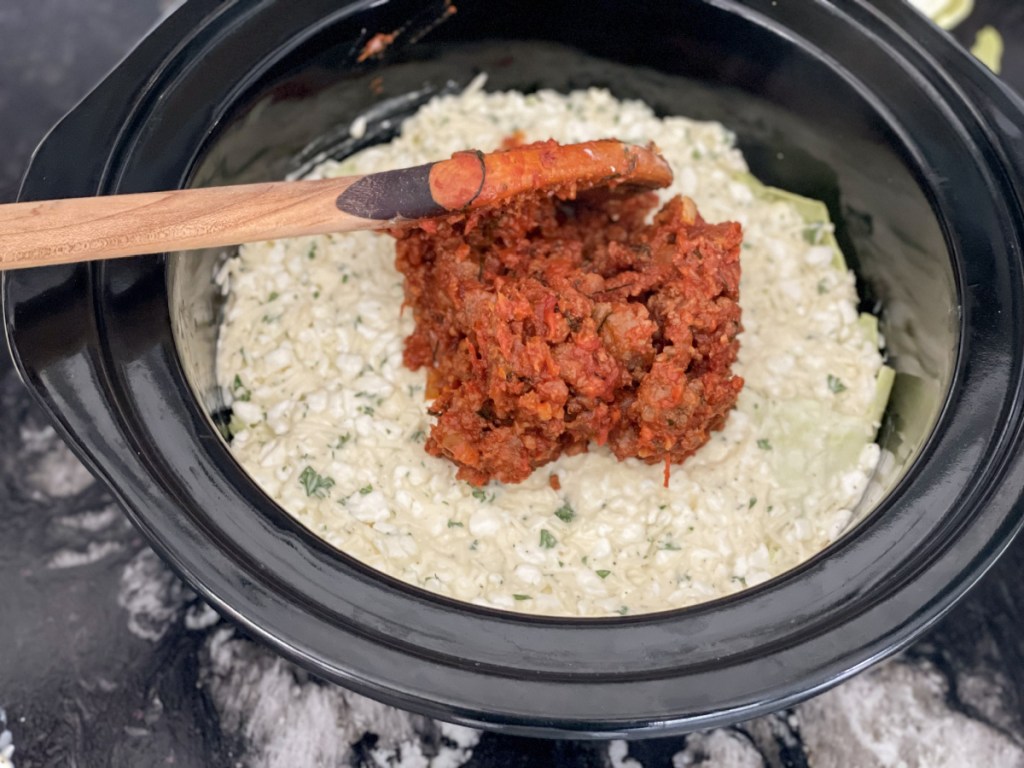 adding meat layer to slow cooker low-carb lasagna